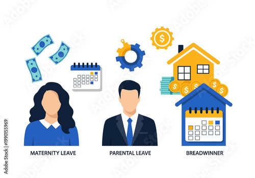 Maternity Leave, Parental Leave, and Breadwinner Concept Illustration with Family Benefits and Financial Security Icons
