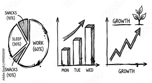 Hand drawn diagrams showing pie chart bar graphs and growth chart with plant icon on transparent background.
