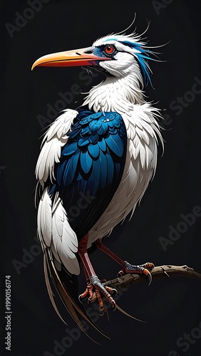 A white bird with blue wings perches on a branch against a dark background