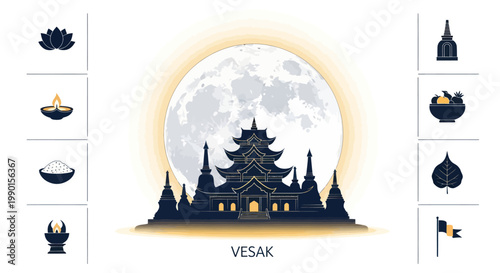 Vesak Celebration: Temple Silhouette Under Full Moon with Buddhist Icons