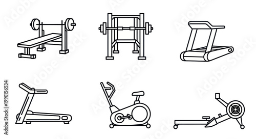 Gym Equipment Icons Set: Treadmill, Bench Press, Exercise Bike, Rower, Smith Machine