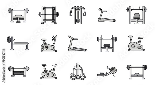 Gym Equipment Icons: Treadmill, Exercise Bike, Weight Bench, Rowing Machine, Cable Machine