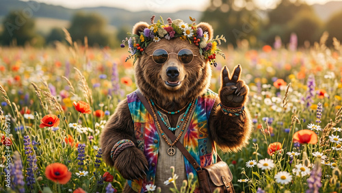 Stylish bear in sunglasses and floral crown standing in wildflower meadow, boho fashion aesthetic, summer lifestyle and freedom, cool creative animal portrait.