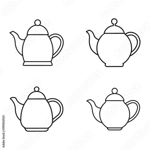Four different tea pot line art illustrations  various shapes and designs  kitchenware  tea time