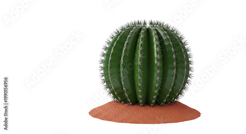 Round Green Cactus with Spikes on Sand