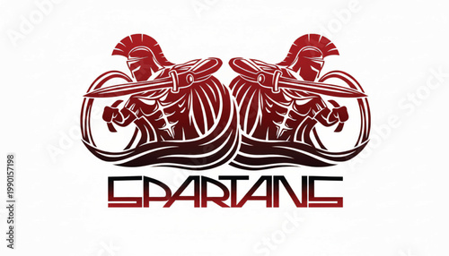 Spartans muscular warrior emblem with red helmet, laurel ribbon, and shield icons for sports and gaming logos