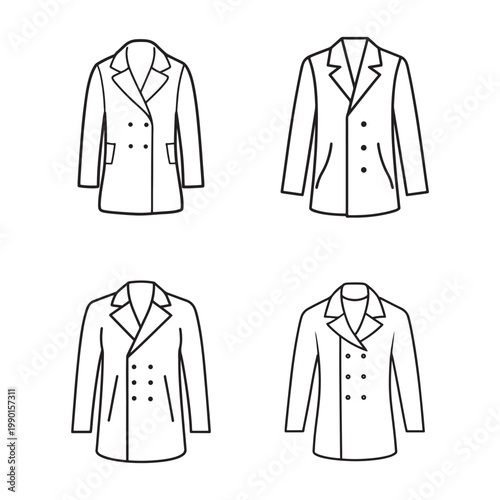 Four different types of jackets with buttons and pockets on white background for fashion design or clothing industry use