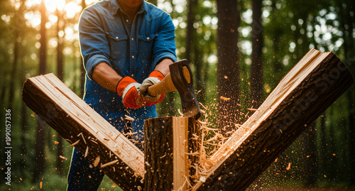Man splitting a large log with an axe in a sunny forest. Wood chips fly as the lumberjack strikes the timber with force. Concepts of manual labor, firewood preparation, and strength in nature.