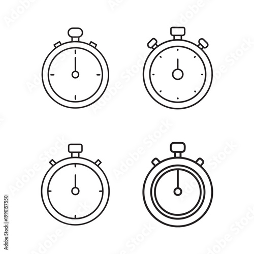 Four different types of stopwatch icons in black line art on white background for time measurement and sports timing purposes  various designs