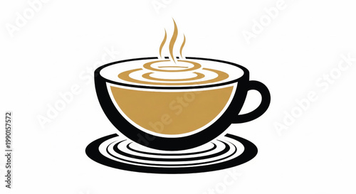 Coffee cup icon with steaming swirl surface and black saucer for warm beverage branding and menu design