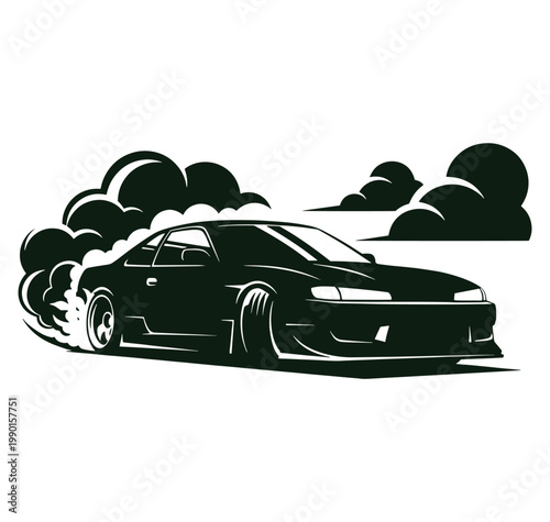 black car drifting on road with smoke and clouds in background