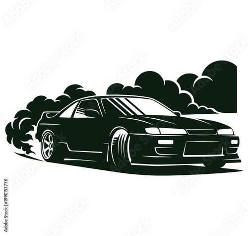 Black car drifting on road with smoke and clouds in background