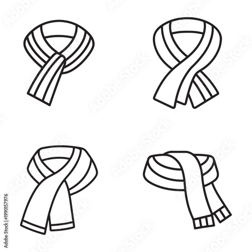 Four different ways to tie a scarf in a simple line drawing style on a plain white background for fashion illustration or graphic design use