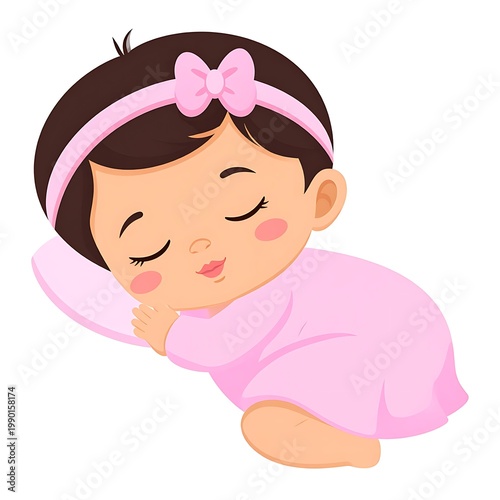 A cartoon baby sleeps peacefully on a soft pink pillow