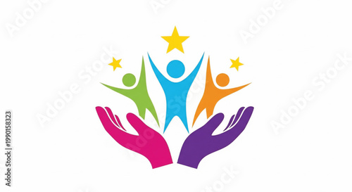 People teamwork logo with colorful raised hands and star emblem for community support concept on white background