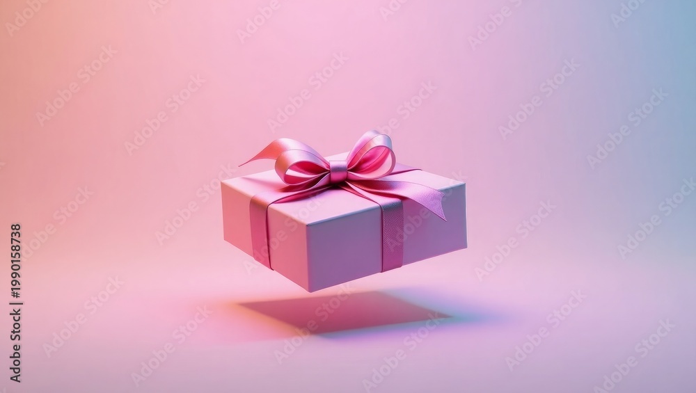 Obraz premium Pink gift box with satin bow floating on pink background