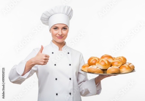Chef proudly presenting freshly baked bread rolls on a silver tray