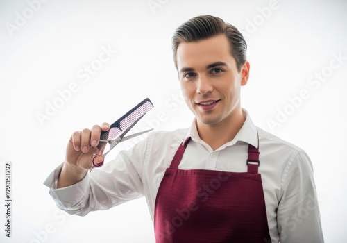 Professional barber holding a hair comb and apron