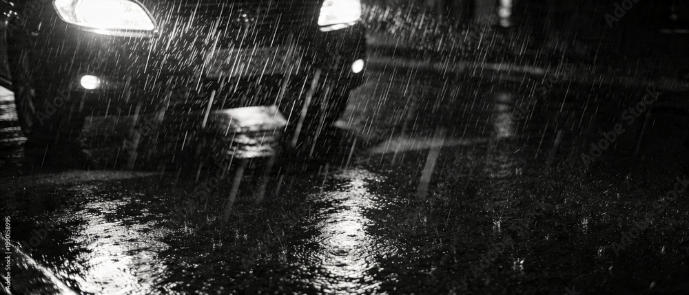 Fototapeta premium A rainy night scene shows a car driving on wet road with lights on.