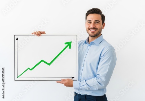 Professional presenting an upward trending growth chart with a positive expression