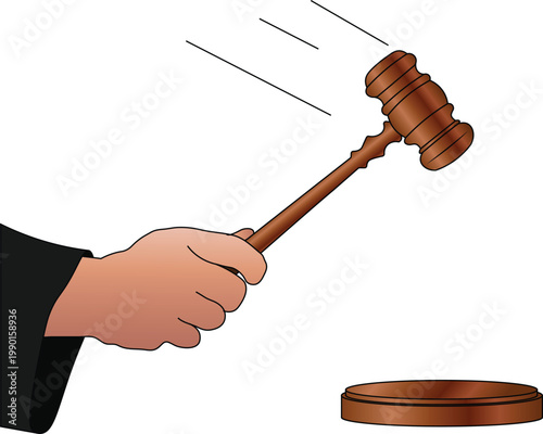 hand holding gavel illustration side view. Judge lowering a gavel.