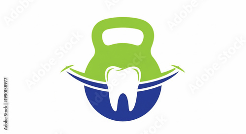 Dental tooth icon with green kettlebell top shape and blue wing curves for healthcare logo design featuring dentistry, smile, wellness with hygiene