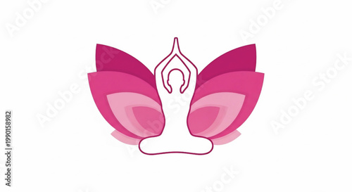Yoga lotus icon with pink and magenta petals and a white line-art human figure in meditation pose featuring mindful, wellness, health with spa and