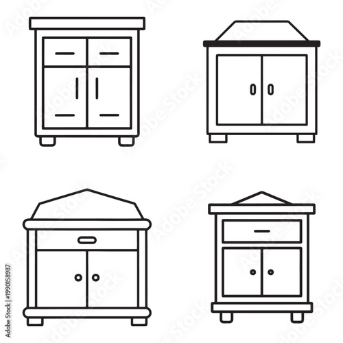 Line drawing of four different cabinet designs with doors and drawers  furniture icons