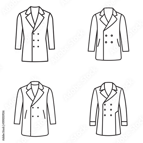 Line drawing of four different types of womens jackets with long sleeves and various collar styles