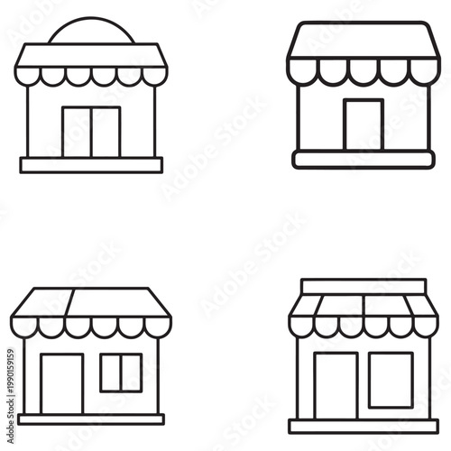 Line drawing of four storefronts with awnings  simple black outlines on white background