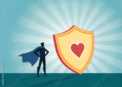 Realistic heart illustration with shield icon and protective circle, 3d render illustration