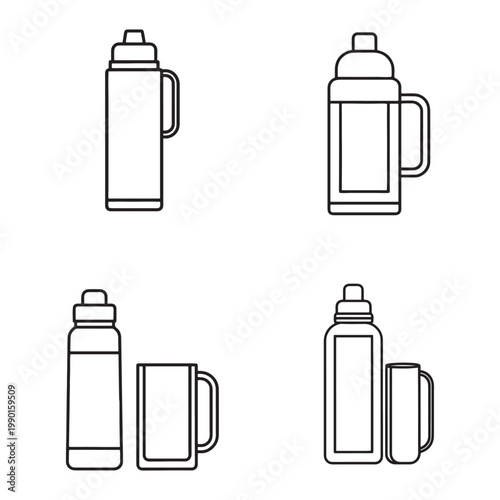 Line drawing of various thermoses and mugs for hot beverages  thermos  mug  cup  drinkware