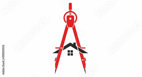 Compass icon with red gauge, tripod legs, and black house silhouette for navigation and location planning
