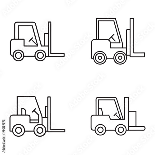 Line drawings of four different forklifts in various positions and orientations on a white background