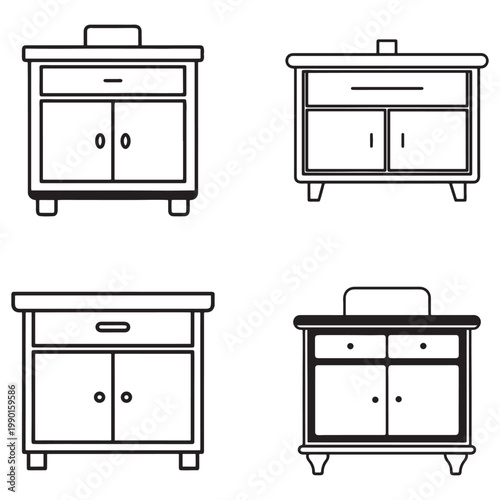 Line drawings of various nightstands with drawers and cupboards in different styles and designs  furniture for home and bedroom