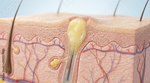 Detailed medical illustration of human skin cross section highlighting hair follicle, sebaceous gland, and acne formation with inflamed pore.