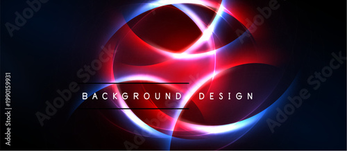 Abstract neon design features swirling red, blue, white lines. Dark background emphasizes bright glowing curves, text reads background design.
