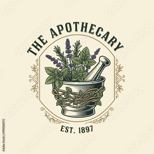 The Apothecary Logo with Mortar Pestle and Lavender Herbs, Representing Natural Remedies on Isolated White Background