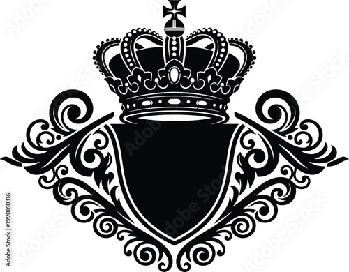 Black and white crest with crown and shield and ornate design elements