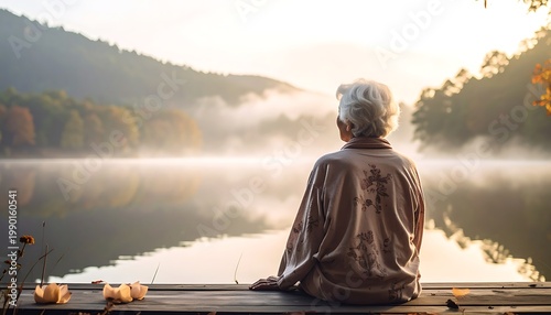 A serene elderly man sitting by a foggy lake at sunrise