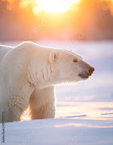A polar bear walking through snowy terrain during sunset