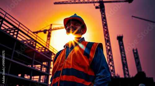 Low-angle cinematic shot of a construction worker at sunrise with dramatic lighting and crane structures in background. Symbol of strength, dedication, and hard work. Ideal Labour Day industrial conce
