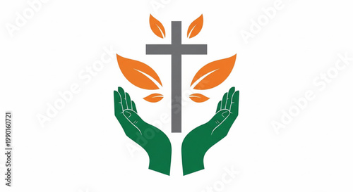 Cross with hands and leaves symbol for charity, faith, eco protection and spiritual healing concept illustration