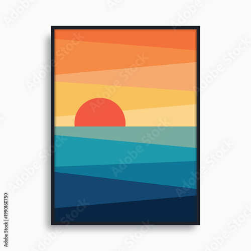 Pixel art sunset over ocean vector illustration with digital