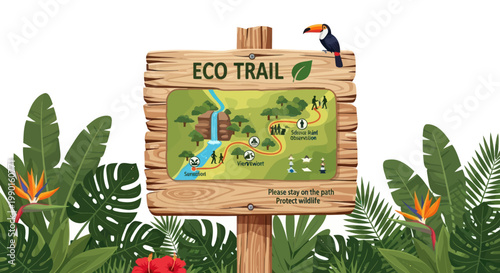 Eco Trail Signpost with Map, Toucan and Tropical Jungle Flora