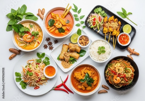 Vibrant assortment of traditional southeast asian dishes and ingredients