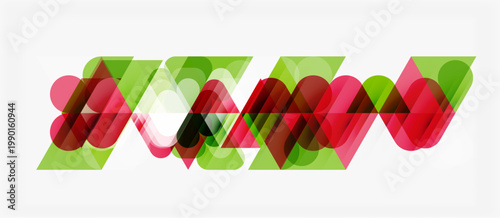Abstract geometric design. Overlapping shapes create dynamic visual pattern. Red, green, pale hues dominate composition.