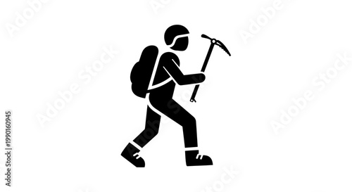 Silhouette hiker with ice axe and backpack climbing mountain, adventure icon