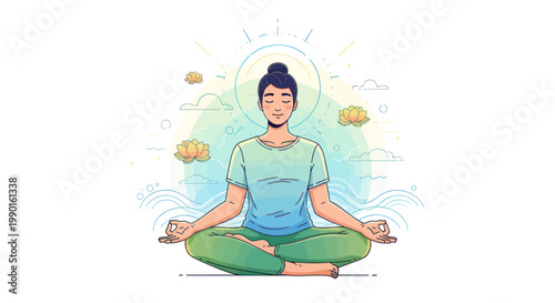 Woman meditating in lotus pose, inner peace, calm mind, serene, healthy lifestyle, yoga illustration