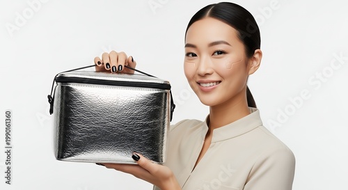 Smiling Asian Woman Holding a Stylish Silver Bag.